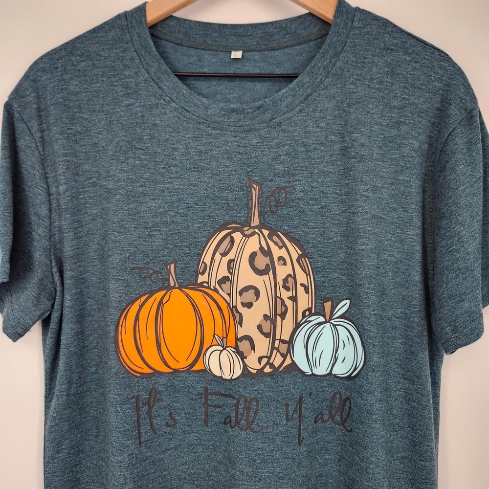 Green Heather Womens "It's Fall Y'All" T-Shirt Size L Pumpkin Animal Print